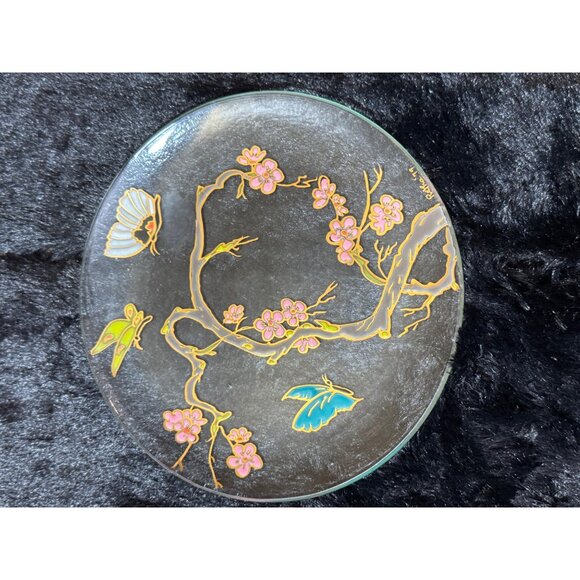 Vintage 1979 Signed Ritha Glass Plate With Cherry Blossom & Butterfly - Picture 1 of 7